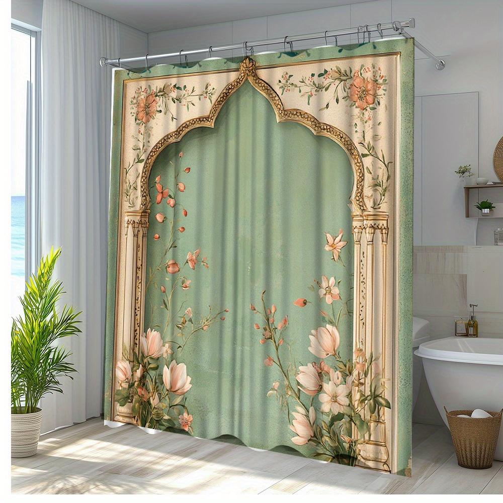 

1Pc Floral Arch Design Shower Curtain With Elegant Peony & Blossom Pattern, Mint Green & Golden Accents - Machine Washable W60H190(CM)-1 Pcs