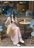 Women's Sweet Pink Ruffle Sleeve Square Neck Cinched Waist Long Dress - Summer 2026