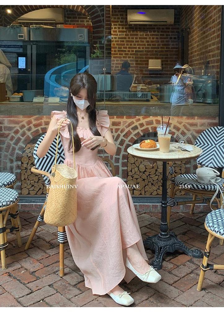 Women's Sweet Pink Ruffle Sleeve Square Neck Cinched Waist Long Dress - Summer 2026