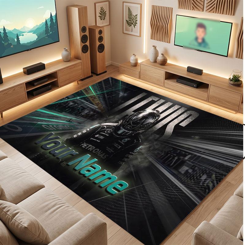 Lewis Hamilton Personalisierter Kristall-Samt-Teppich, Benutzerdefinierter Namens-Text Weicher Anti-Rutsch-Teppich für Wohnzimmer Schlafzimmer