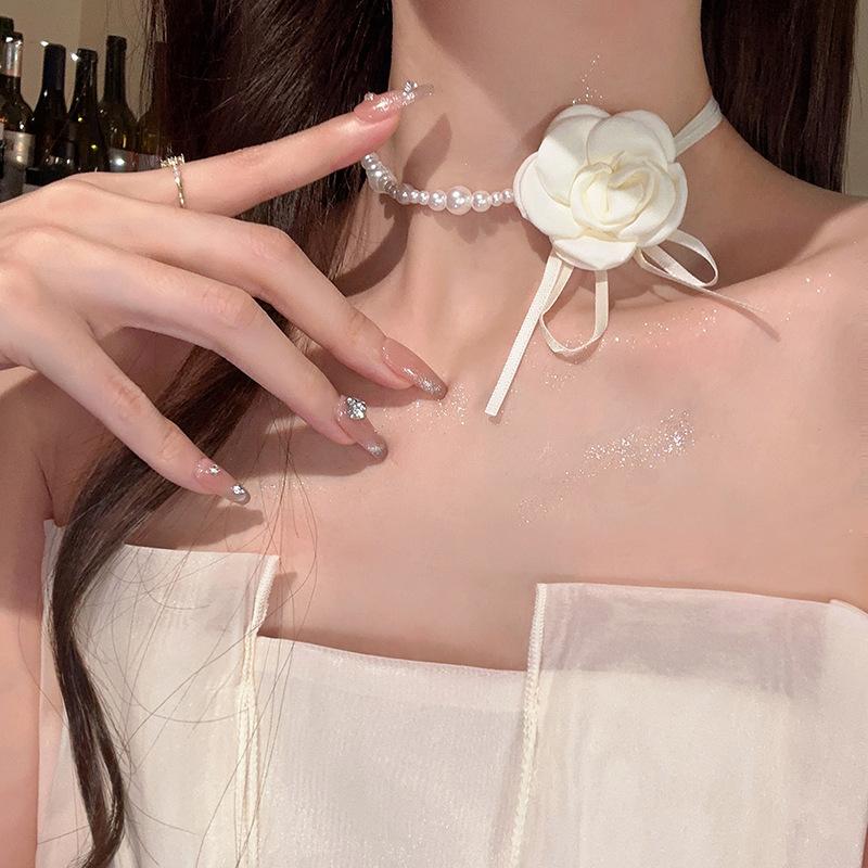 Camellia Flower Pearl Collar Necklace Women's Neckband Pendant Lockbone Chain Binding Strap Necktie Flower Accessory