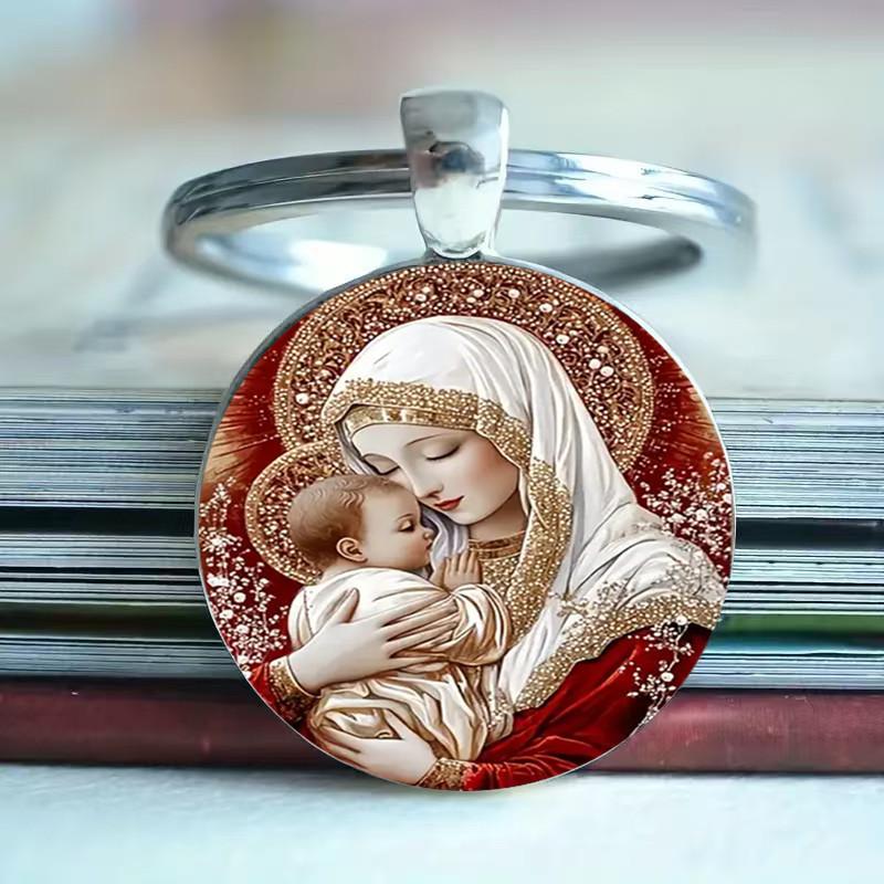 Breloc rotund din aluminiu cu Fecioara Maria binecuvântată, cadou pentru colecționarii de bijuterii religioase