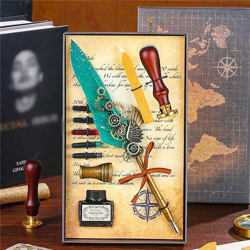 

Набор роскошных перьевых ручек Винтажные ручки с золотым напылением Чернильница Каллиграфическое письмо Обмакивающая ручка-s Подарок на день рождения 5 перьев Квил