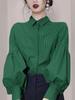 Vintage Blouse Women 2022 Autumn Spring Elegant Fashion Lantern Sleeve Shirt Lady Lapel Loose Striped Tops Green Button Up Shirt