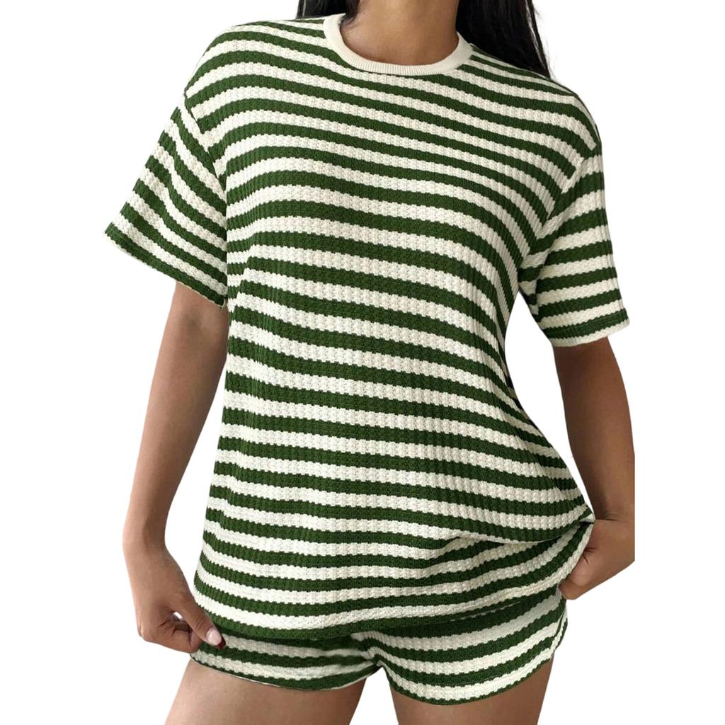 Women Casual Two Piece Set Short Sleeve Knit Top and Shorts Lounge Wear Summer Outfit Lightweight Soft Fabric