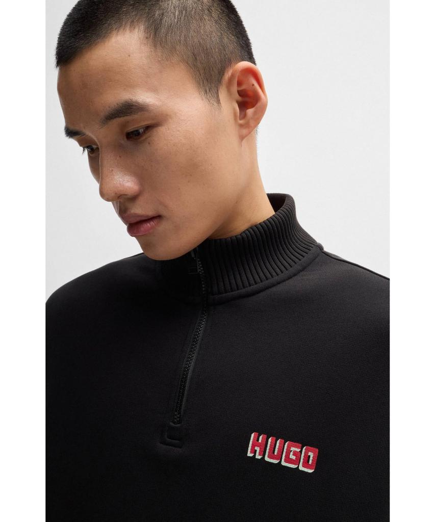 [HUGO] Logo Print Cotton Terry Zip Neck Sweatshirt Men's S Black