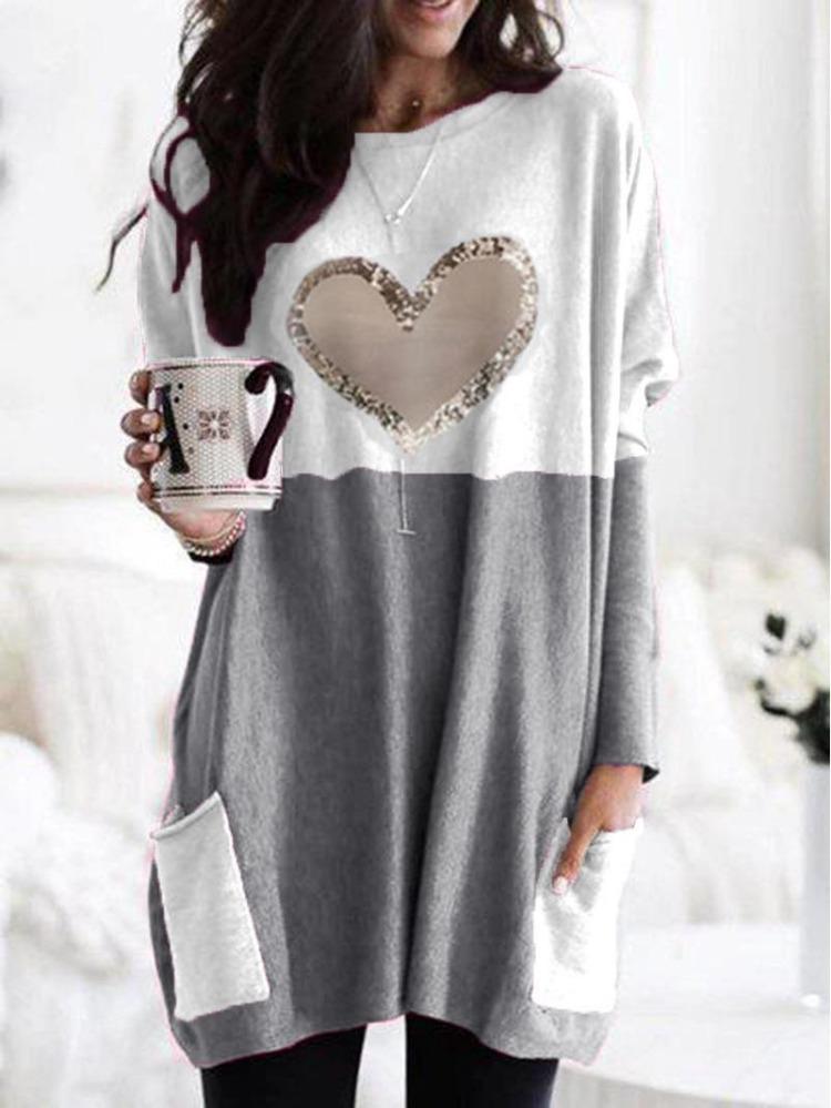 2026 Women Love Print Round Neck Tee Loose Long Sleeve Contrast Colors Wish