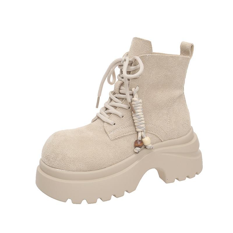 Retro thick-soled heightening Martin boots women's autumn new fashion Maillard slim short boots lace-up big yellow boots