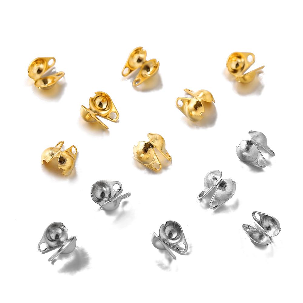 50Pcs 3-6mm Stainless Steel Crimp End Bead Tips Knot Covers Clamshell Fold-Over Bead For DIY Bracelets Necklaces Making