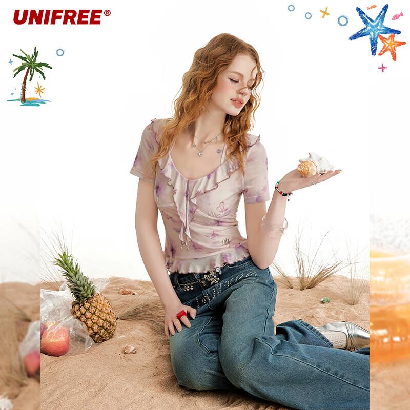 UNIFREE Sweet Butterfly Print Ruffle Trim V-Neck Slim Fit Cropped T-Shirt S