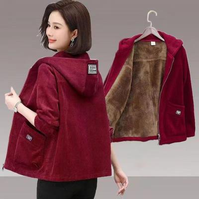 Verdickte Cordjacke Damen Lässige Fleecegefütterte Kapuzenpullover Jacke Warm Herbst Winter Mama Kleidung