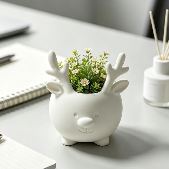 Office Desk Accessory 3D Printed Reindeer Succulents Planter Pot for Indoor Plants, Decorative Desktop Plant Organizer, Christmas Table Ornament,
