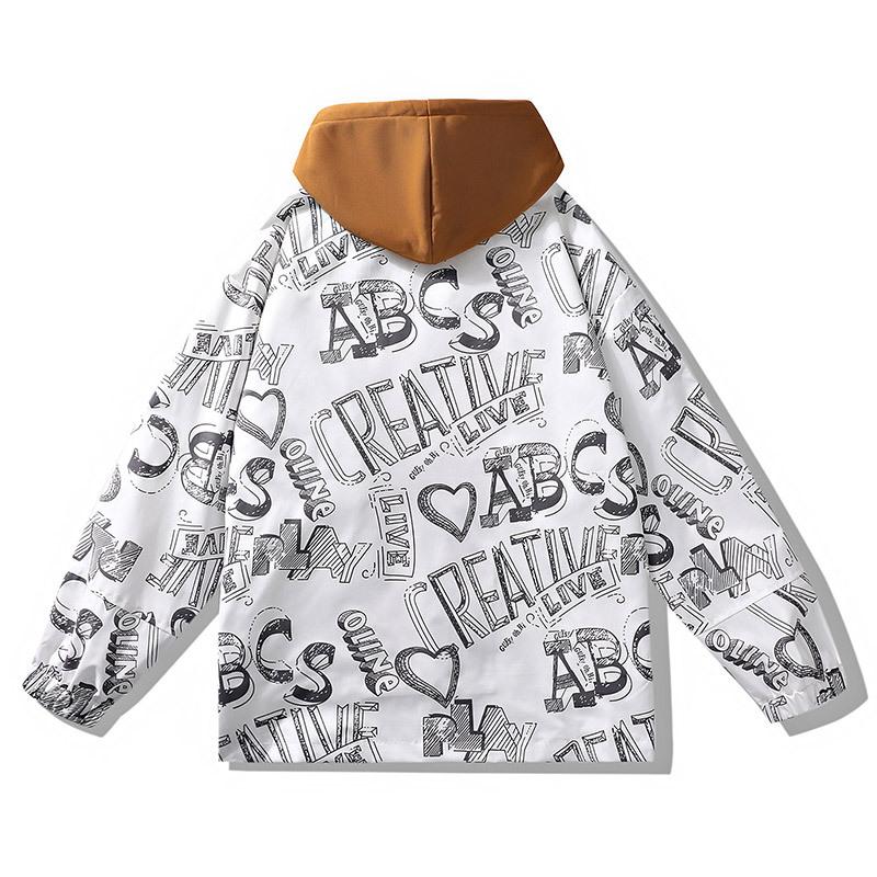 Spring and Autumn Tooling Jacket Men's Loose Large Size Hooded Graffiti Boys Trendy American Jacket