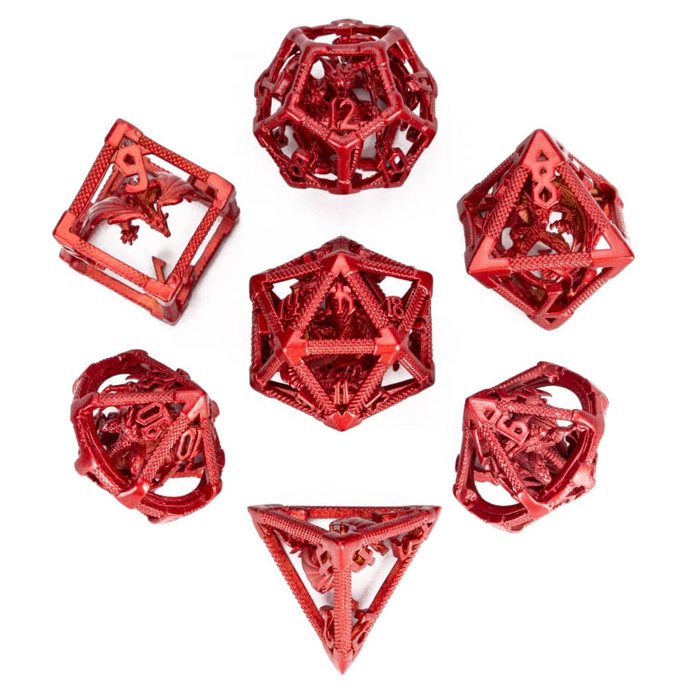 Cusdie Dračí duté kovové DND kostky 7 ks D4-D20 Polyedrická sada kostek se železnou krabičkou pro RPG hru Pathfinder Stolní hry