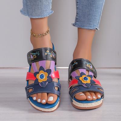 Large Size Ladies Sandals Totem Color Matching Ethnic Style Flowers Retro Thick-soled Sandals and Slippers