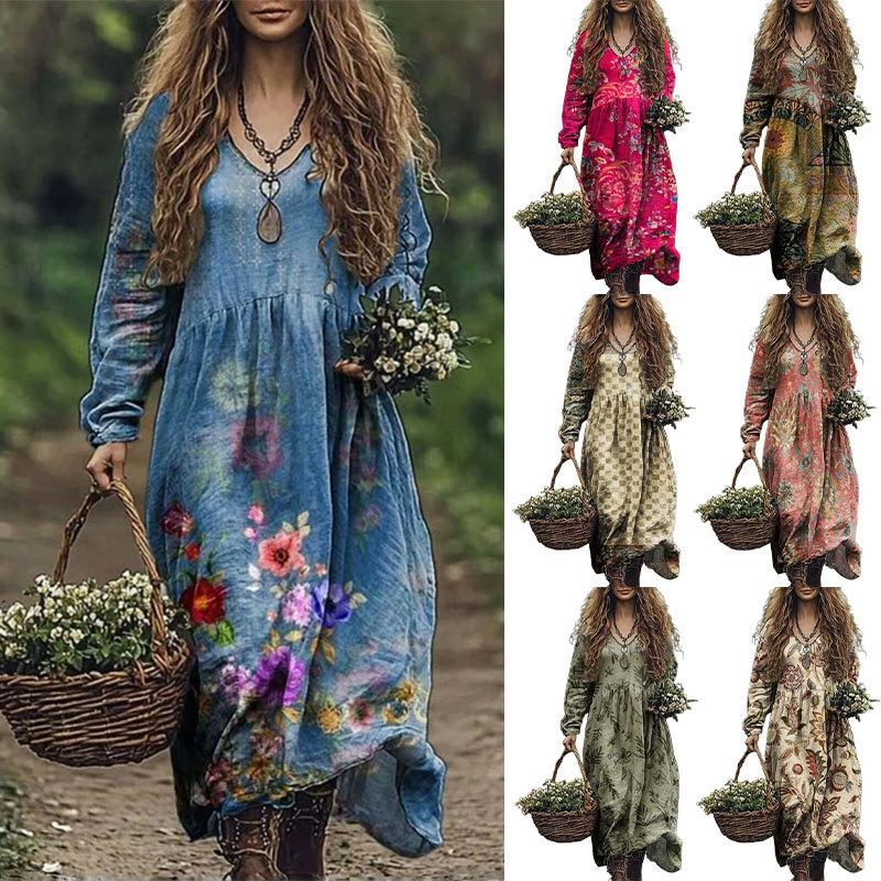 

Women s Embroidered Maxi Dress with Floral Design, Long Sleeve, Boho Style, Casual Elegant Dress for Spring and Summer XL