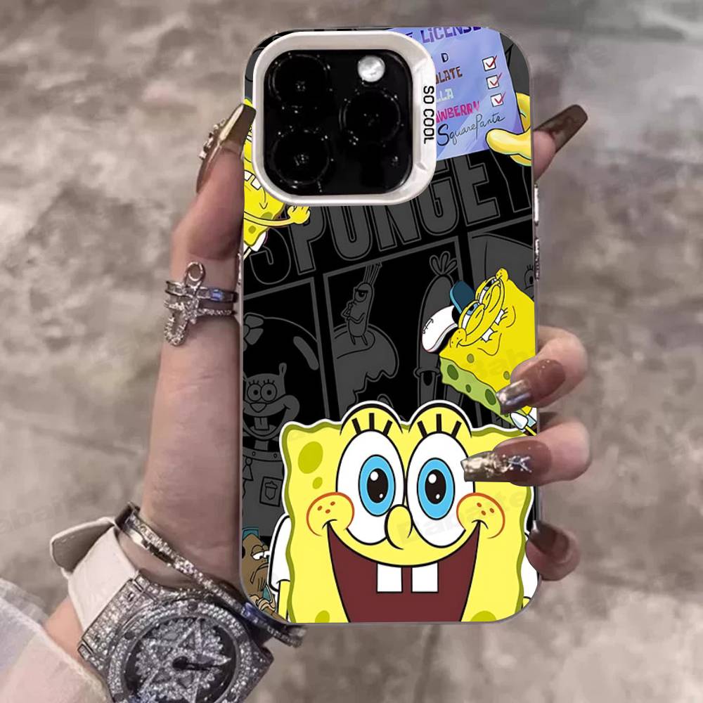Cartoon Niedlich S-SpongeBob Anime Handyhülle Für IPhone 17 16 15 14 11 12 13 Pro Max Pro Plus Farbige Silberne Hülle