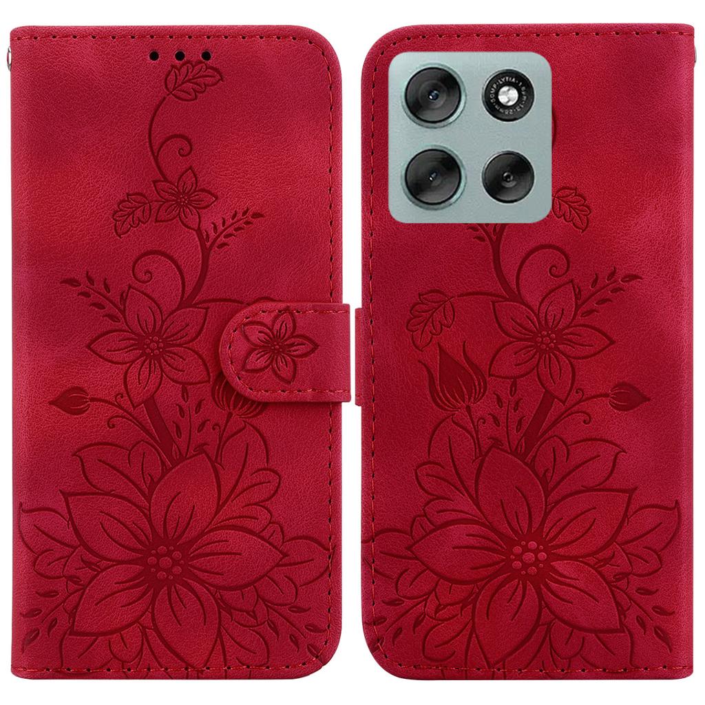 For Motorola Moto G56 5G Stand Case Lily Flower Imprint Leather Phone Cover with Wrist Strap