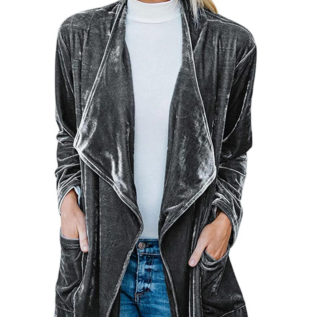 Damen Uni Langarm Samtjacke Offene Vorderseite Strickjacke Mantel mit Taschen Oberbekleidung