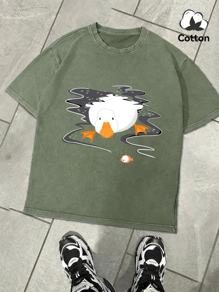 A Goose Free In The Water Design Snow Wash Men Tee Summer Retro T Shirt Soft Fashion Washed Clothing Unisex Cotton ONeck Tops