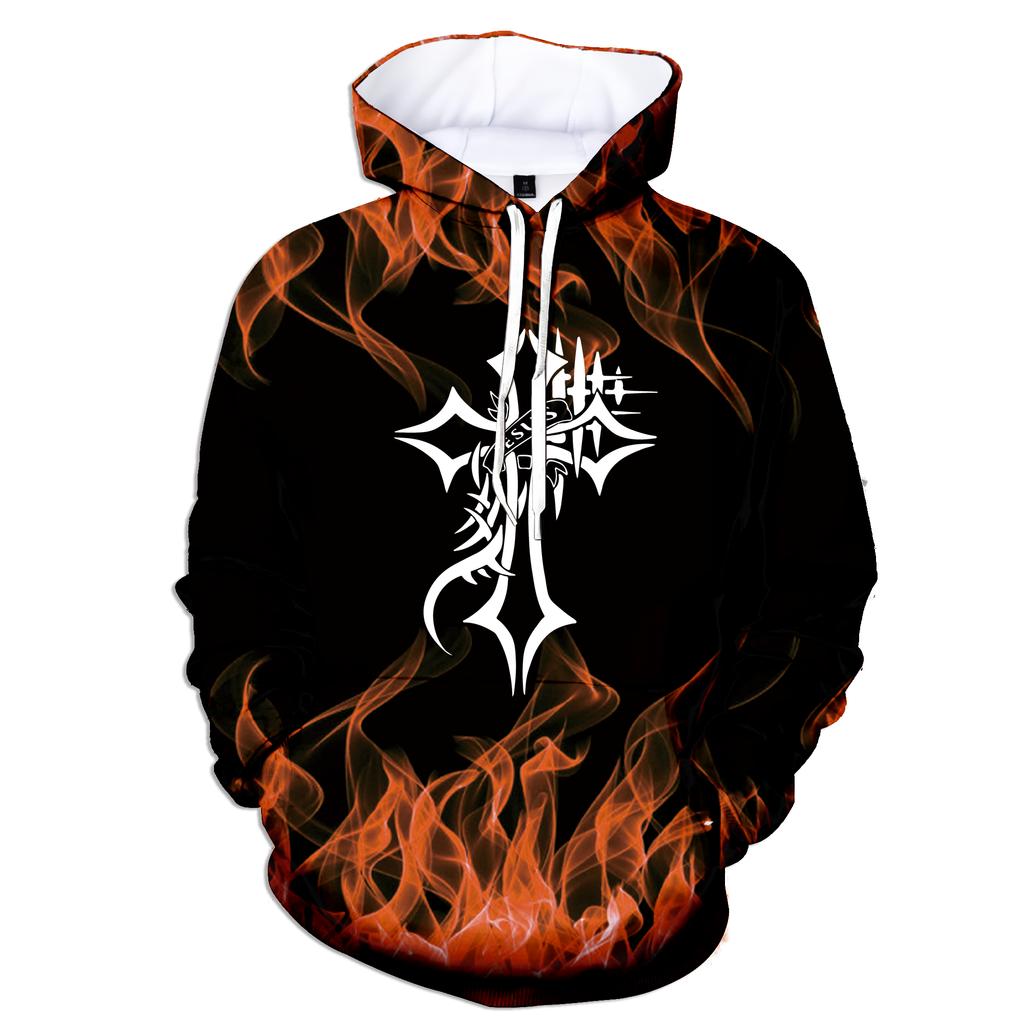 New Fashion Autumn and Winter 3D Flame Men's Hoodie Hooded Sweatshirt Pullover Cross Printed Large Size Sweater