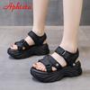 Aphixta 2025 Buckle Height Increaming Canvas 6.5cm Wedge Heel Platfom Sandals Women Shoes Black Thick Bottom Slides