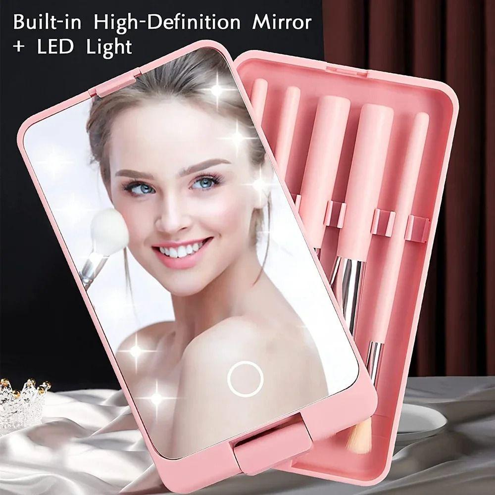 Rotatable Mirror Travel Makeup Brush with Light LED Lights Makeup Brush Box  Daily Use