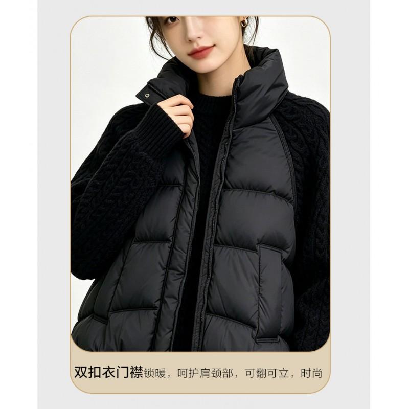 Womens Short Loose Fit Stand Collar Knit Patchwork Down Cotton Jacket Winter Warm Outerwear