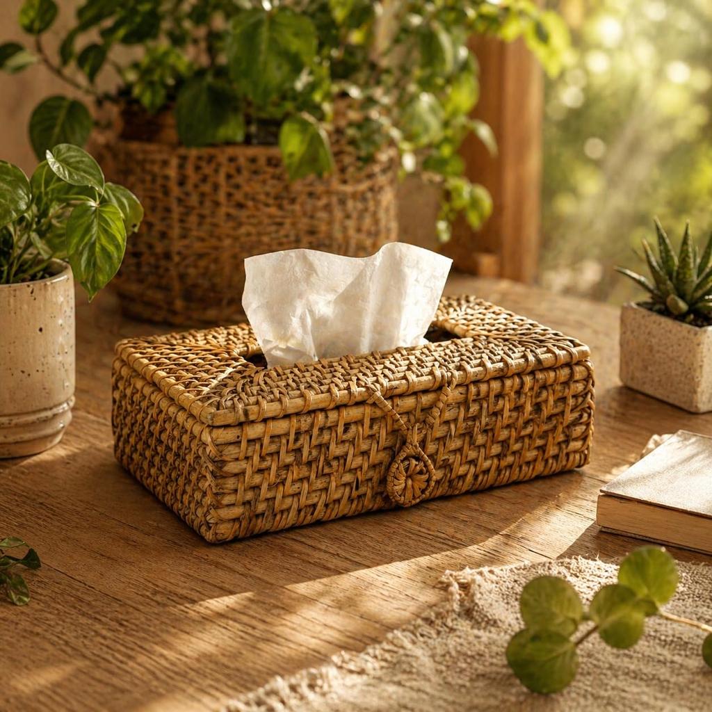 Eco Decx Handcrafted Rattan Tissue Box  Holder, Woven Tissue Paper Cover for Bathroom, Dining Table & Home Decor, 23 X 15 X 9 Cm