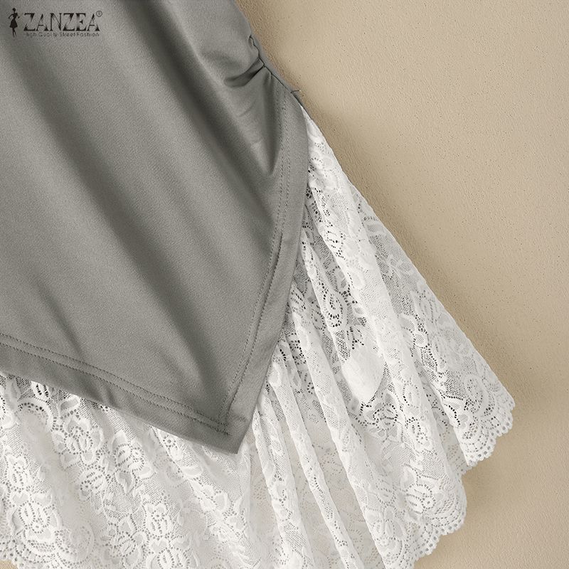 ZANZEA Women Casual Lace Splice Irregular Hem Summer Short Sleeve Blouse Tops