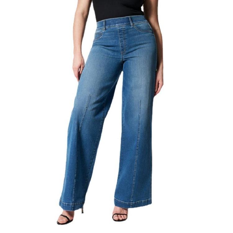 Women Stretch Denim Jeans High Waist Elastic Wide Leg Trousers Casual Long Pants Ladies