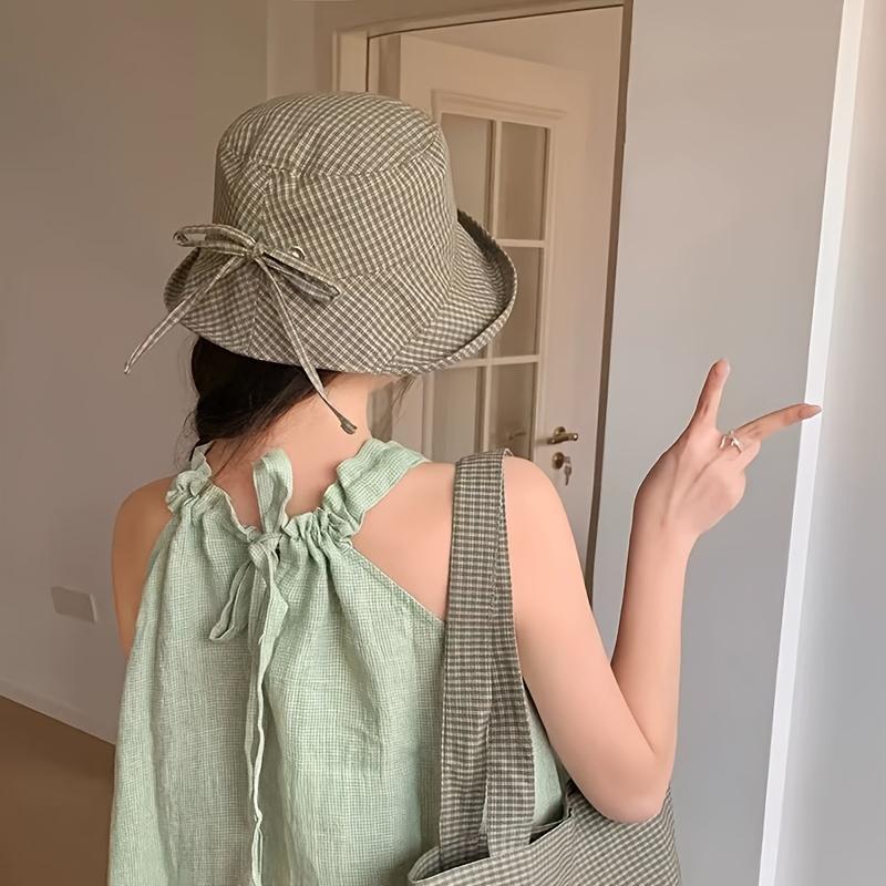 1Pc Women's Wide-Brim Bucket Sun Hat - Plaid Print Fisherman Hat, Suitable for Travel, Beach, Hiking - Wide-Brim Outdoor Sun Hat