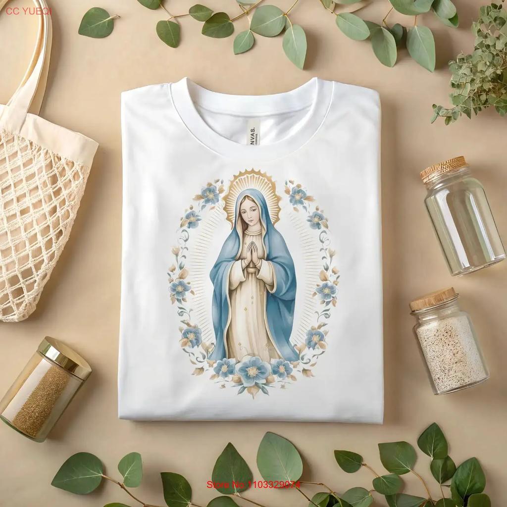 Virgin Mary Our Lady T Shirt with Blue Floral Frame Christian Religious A154 vintage Washed homme Stretched Comfortable Soft