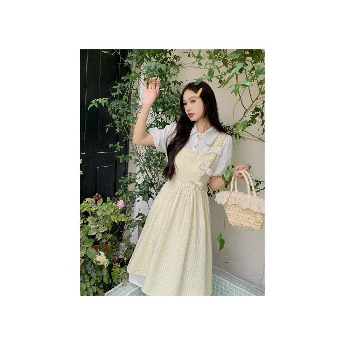 

Fake two-piece dress girls summer new junior high school students sweet new Chinese cheongsam skirt. XL жовтий