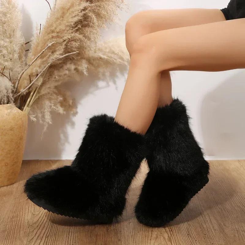 Botas de Esquí Slip-on de Invierno para Mujer Botas de Media Caña con Plataforma y Punta Redonda Cálidas de Felpa de Tacón Medio Casuales para Mujer Botas de Nieve Peludas y Esponjosas