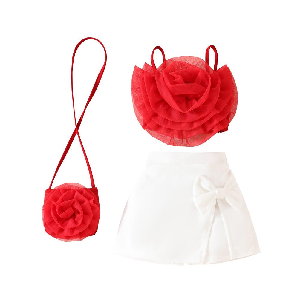 Summer Girls Three-dimensional Flower Suspender Bow Short Skirt Small Bag Set