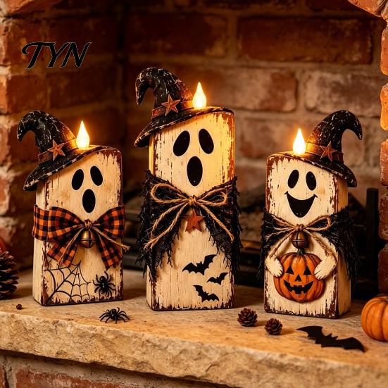 Vintage Farmhouse Fall Accents 3Pcs Rustic Wooden Halloween Cat Tabletop Decor, Black Figurine Moon Star Pumpkin Art with Witch Hat,