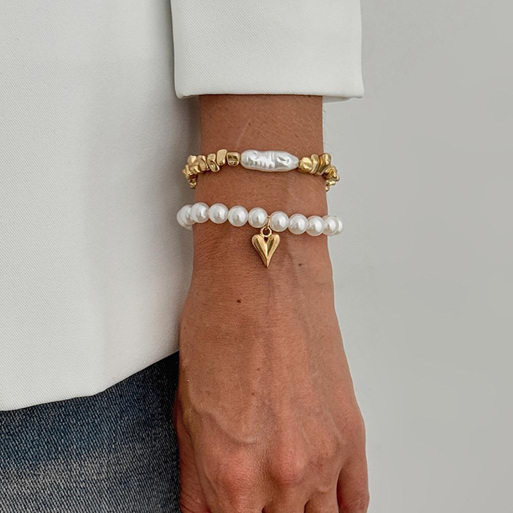 Baroque Special-Shaped Imitation Pearl Beaded Bracelet Fashion Gravel Flash Diamond Love Pendant Elastic Bracelet