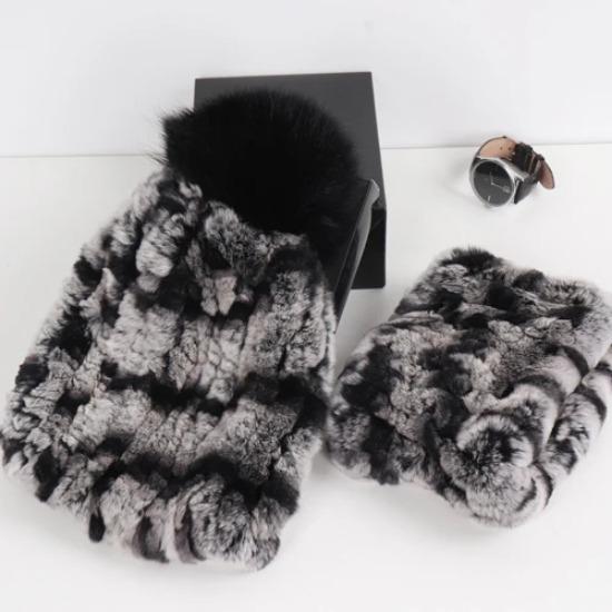 New Fashion Knitted Good Elastic Real Fur Scarf Hat Sets Women Winter Warm Natural Rex Rabbit Fur Scarves Hats Sets