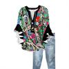 Women's Fashion Casual Button V-Neck Seven Sleeve Vintage Printed Shirt Top