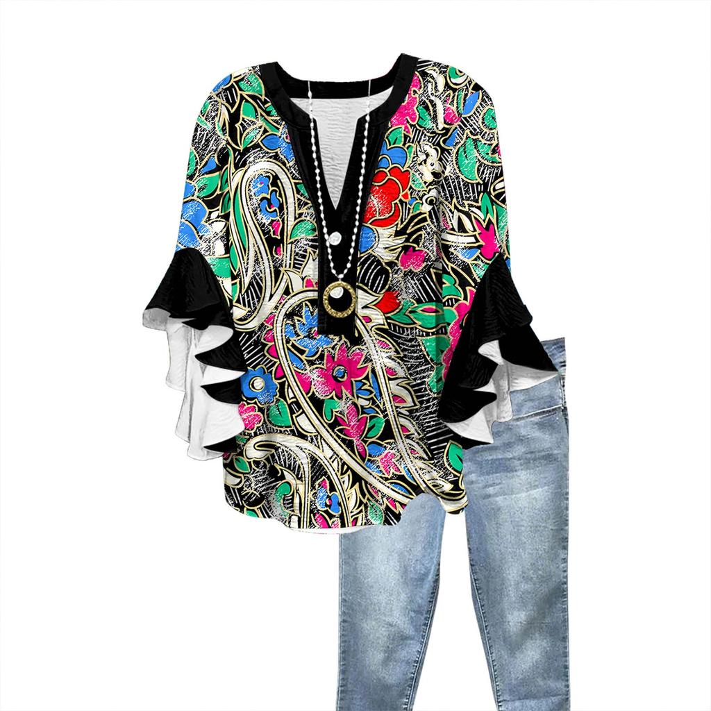 Women's Fashion Casual Button V-Neck Seven Sleeve Vintage Printed Shirt Top