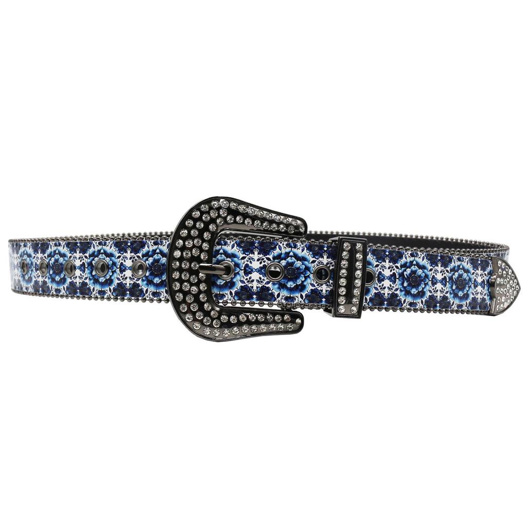 Blue Porcelain Floral Rhinestone Women's Versatile Fashion Belt