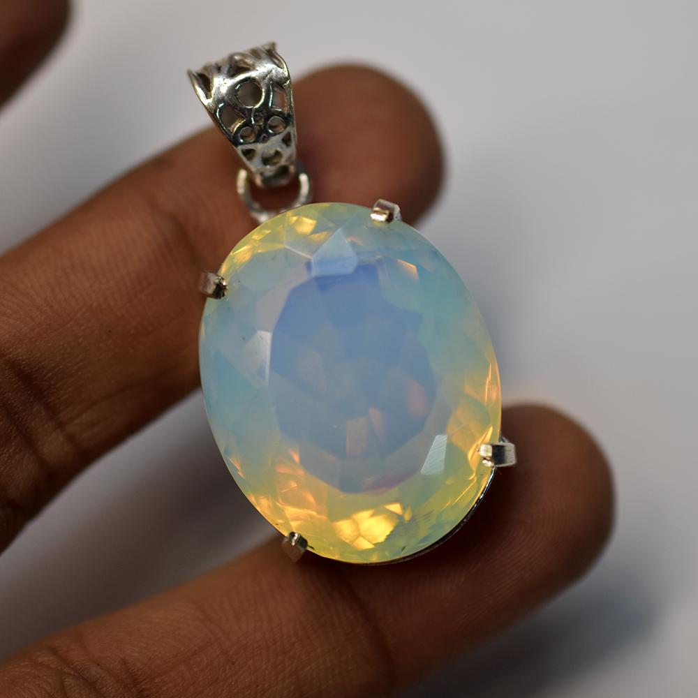 Lab-Created Opal Pendant 925 Sterling Silver Oval Cut 73.65 ct Gems October Birthday Birthstone