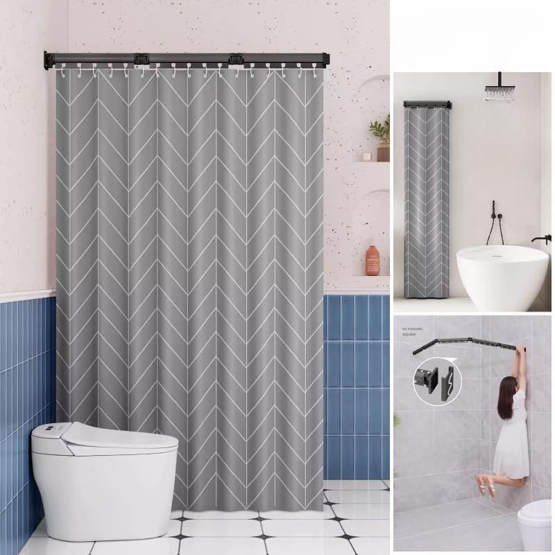 Foldable Shower Curtain Rod for Bathroom and Toilet, No Need To Drill Holes, Dry-wet Separation, C-shaped Waterproof Shower