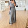 European and American Women's Clothing New Cross V-neck Short-sleeved Short Top Pleated High-waisted Long Skirt Set