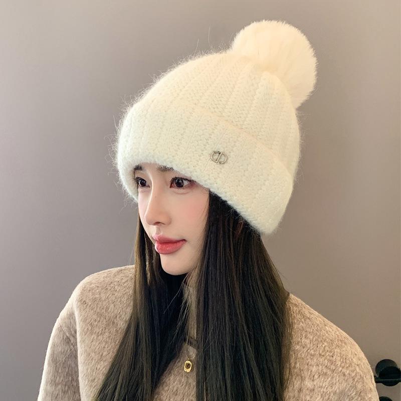 Rabbit Fur Knitted Hat Women's Autumn and Winter Warm Wool Hat New Velvet Ear Protector