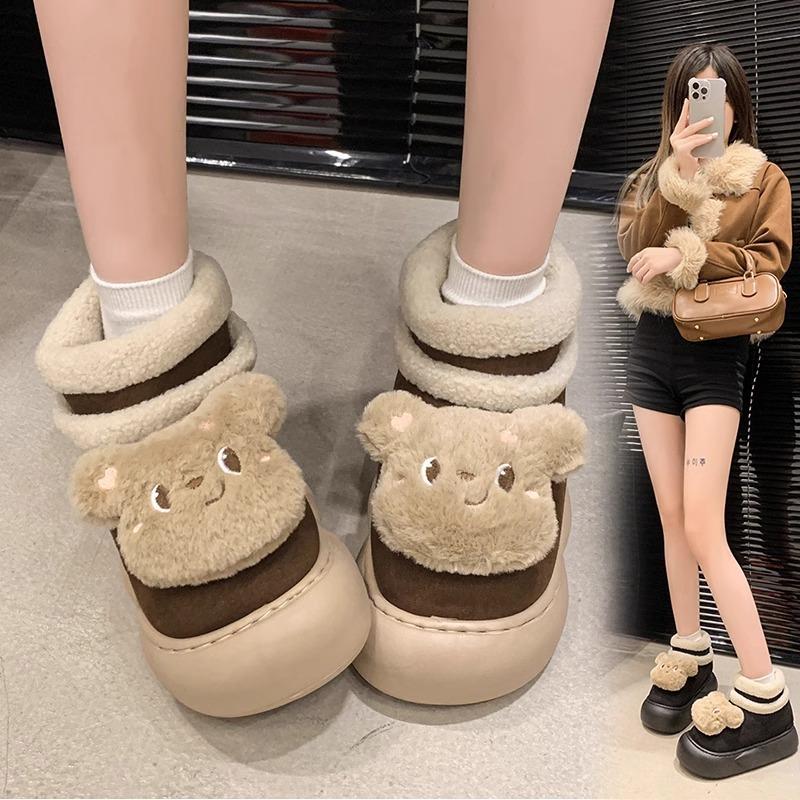 New 2025 Autumn and Winter Cute Bear New Cotton Shoes Velvet Warm Bread Shoes Home Non-slip Cotton Slippers