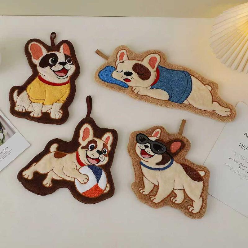 Cute Puppy Hand Towel Quick Drying Kitchen Cleaning Rag Coral Velvet Cartoon Animal Absorbent Bathroom Hanging Towel