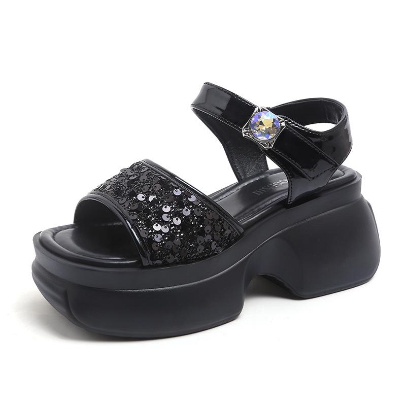 Summer Sandals Thick-soled Sequined Shoes for Women 2025 Summer New Fashion Versatile with Diamond Buckle Ladies High Heels