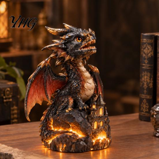 Creative Shelf Decor Light Up Dragon Figurine, Resin Gothic Castle Statue, Decorative Living Room Accents Fantasy Creature Ornament for Home,